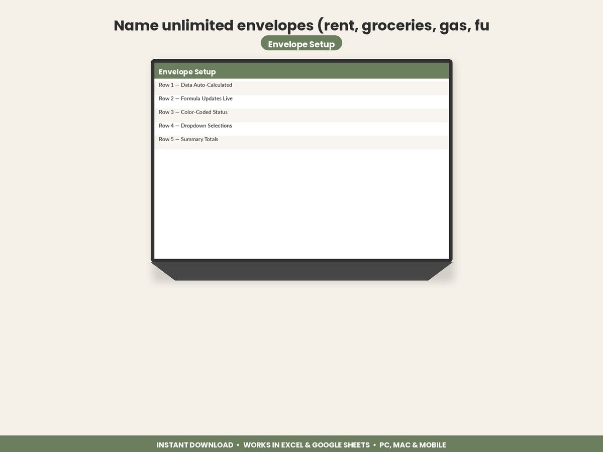 Cash Stuffing Envelope Tracker spreadsheet - feature detail