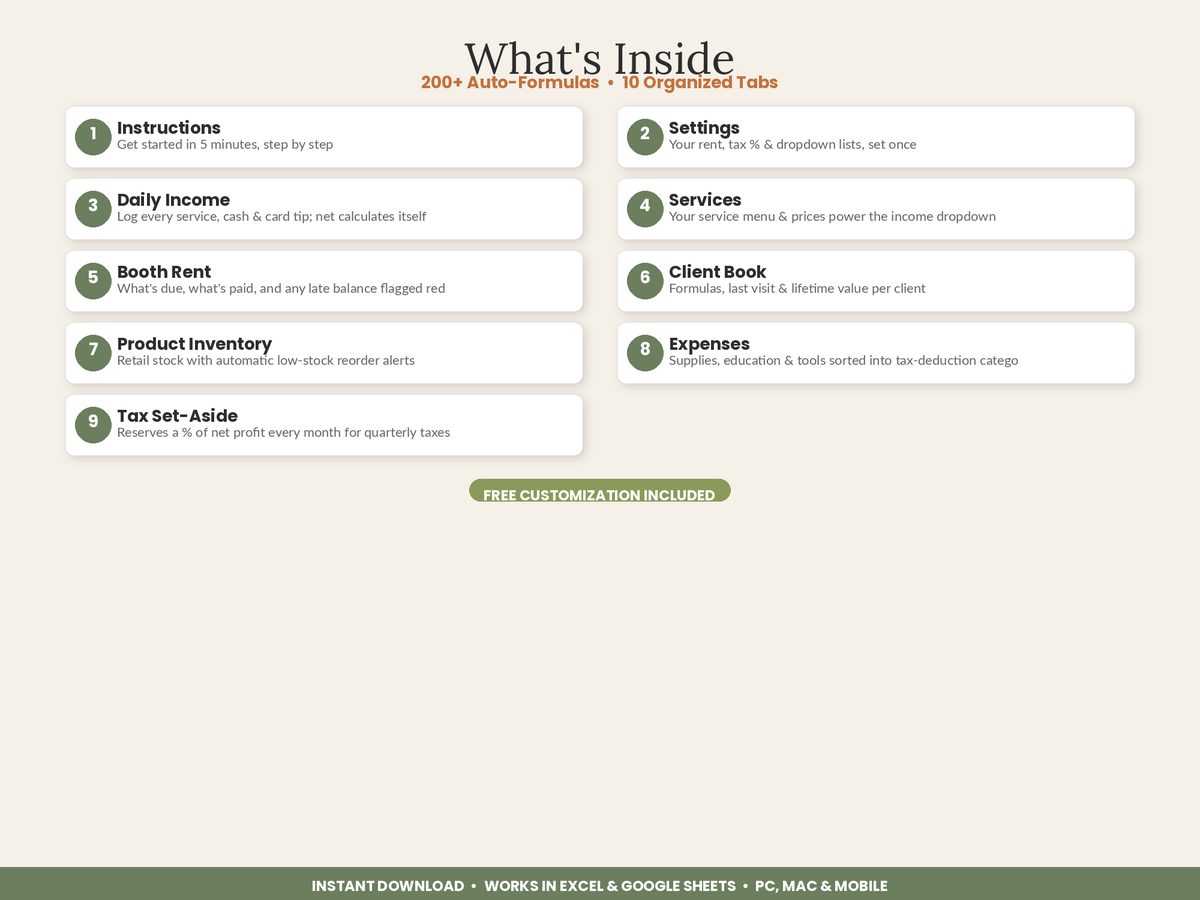 Salon Booth Renter Tracker spreadsheet - what's inside