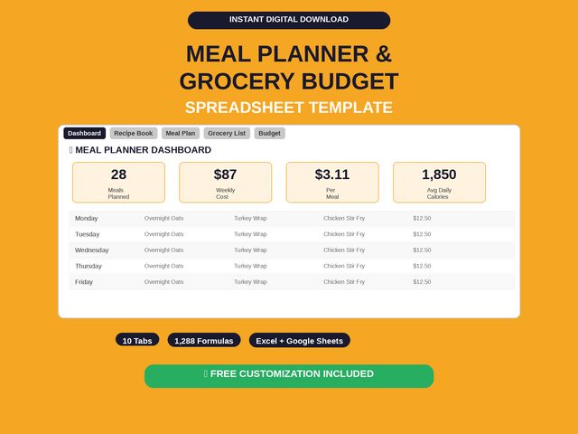 Meal planner and grocery budget spreadsheet template
